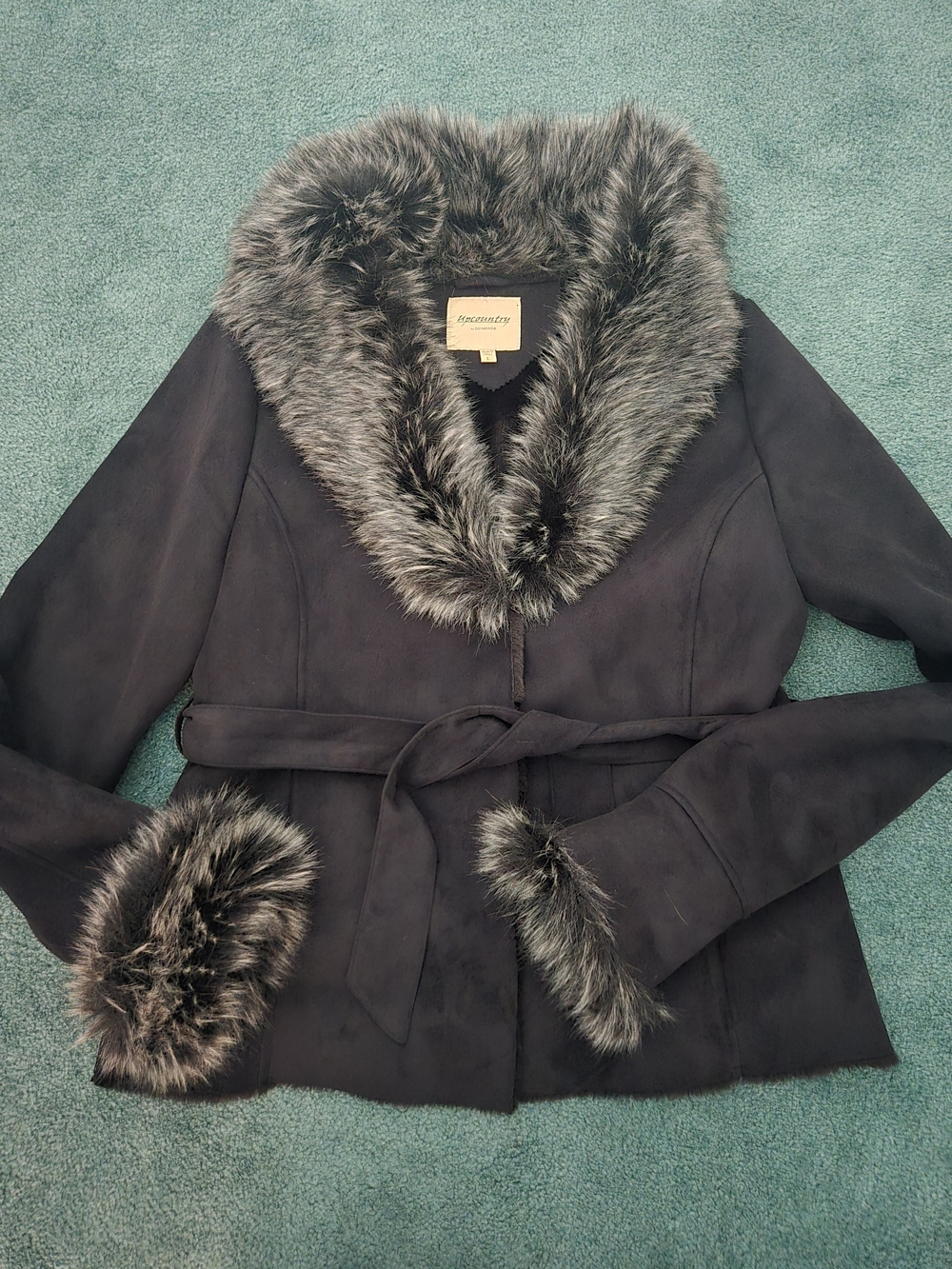 Black Faux Suede/Faux Fur Belted Coat